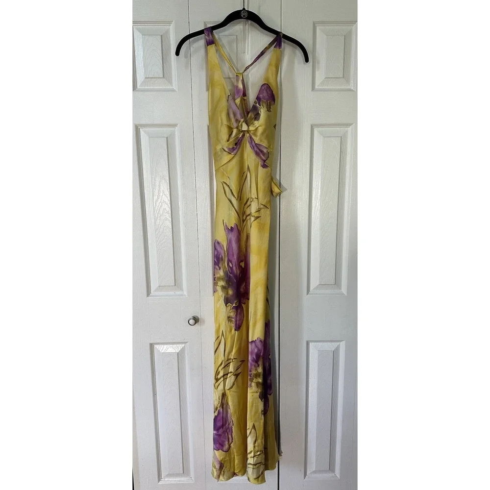 Vintage Cache Yellow Satin Halter Evening Formal Gown Floral Size 2 USA